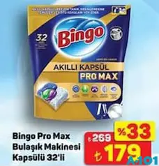 BİNGO PRO MAX BULAŞIK MAKİNESİ KAPSÜLÜ 32'Lİ fiyat ve kampanya bilgisi